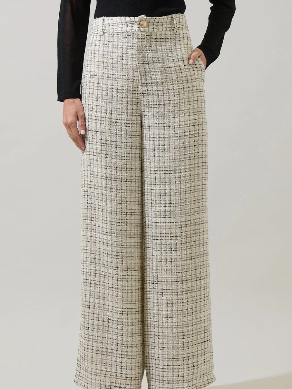 Sugarlips Cream Plaid Wide-Leg Tweed Trousers